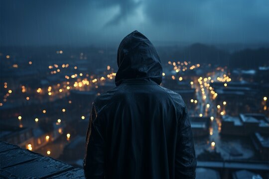 Rooftop scene man in hood, face obscured, copy space enhancing mysterious ambiance Generative AI
