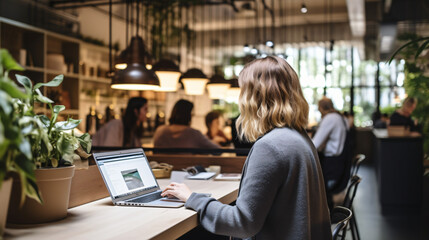 A shot of a woman from behind working on a laptop in a modern co-working space with others in the...
