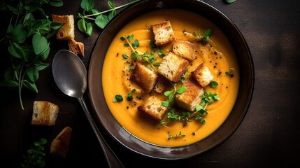 top view of a hot bowl of creamy butternut squash soup garnished with fresh herbs and croutons - obrazy, fototapety, plakaty