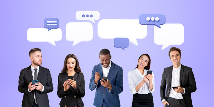 Five business people with smartphones and speech bubbles