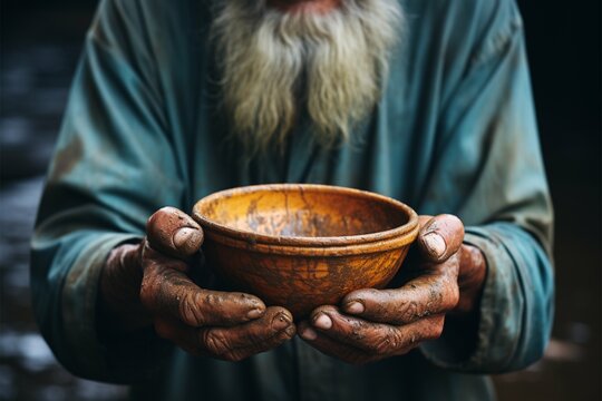 Selective focus on impoverished old mans hands clutching an empty bowl Generative AI