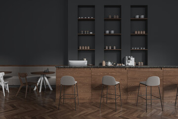 Gray coffee shop interior with bar counter and shelves