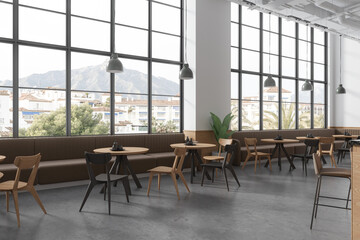 Modern cafe interior with chairs and table, eating corner with panoramic window