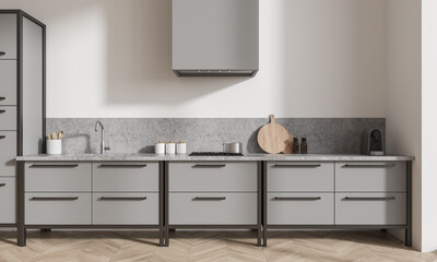 Fototapeta na wymiar Stylish home kitchen interior with shelves, stove and minimalist kitchenware