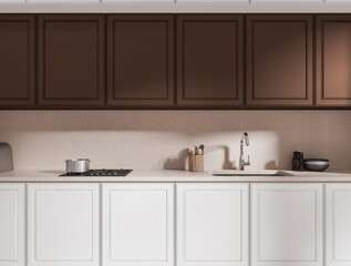 White kitchen with brown cupboards