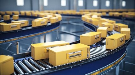 Automated Retail Warehouse AGV Robots with Infographics Delivering Cardboard Boxes in Distribution Logistics Center. Automated Guided Vehicles Goods, Products, Packages