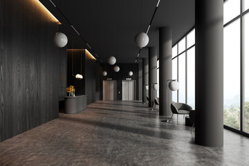 Naklejka premium Grey hotel interior lobby with armchairs and reception desk, elevator and window