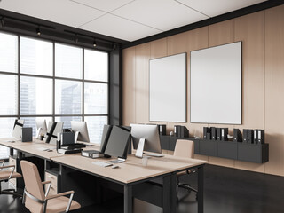 Office interior with table and computer, panoramic window. Mockup frames