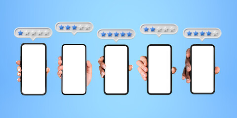 Row of mock up smartphones with blank screen and diverse online feedback