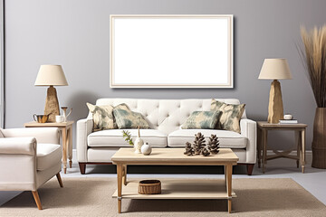 Horizontal picture frame mockup in modern living room interior, blank copyspace, soft tones, wall art mock-up. Generative AI