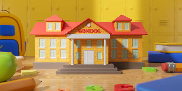 Cartoon school building with tools and lockers, education concept