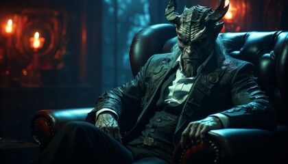 fashionable devil, monster businessman sits in a chair in a suit, the boss is a sinner. Made in AI.