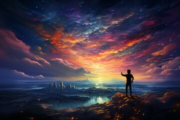Fototapeta premium Childs hand paints rainbow on dusky canvas, forming enchanting sky silhouette Generative AI