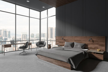 Fototapeta premium Grey hotel bedroom interior with bed and work space, panoramic window