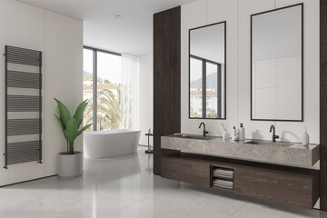 White and wooden bathroom corner with tub and double sink