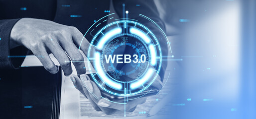 Woman hand with smartphone and web 3.0 hologram