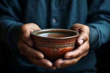 Fototapeta na wymiar Empty bowl held by elderly hands, symbolizing the stark reality of hunger Generative AI