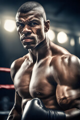 Fototapeta na wymiar A muscular boxer in a boxing ring ready to fight.