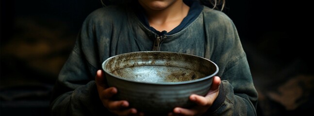 Hungry child holds empty bowl, highlighting food insecurity Generative AI - obrazy, fototapety, plakaty
