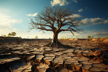 Iconic tree on cracked soil embodies climate crisis, global warming induced water scarcity Generative AI