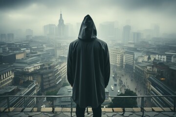 Man in hood stands aloof on rooftop, face concealed, blank space emphasizing anonymity Generative AI - obrazy, fototapety, plakaty