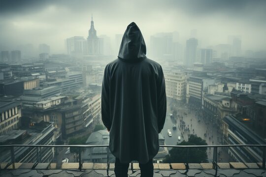 Man in hood stands aloof on rooftop, face concealed, blank space emphasizing anonymity Generative AI
