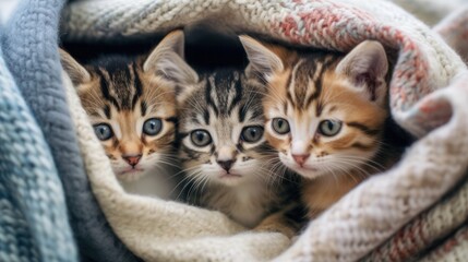 A group of adorable kittens cuddled up together in a cozy blanket fort