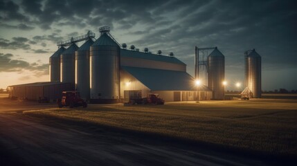 Grain silos in the field at night