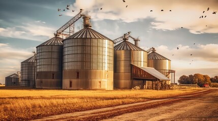 Fototapeta na wymiar grain silos in the golden field background