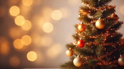 Obraz na płótnie Canvas decorated Christmas tree with blurred snowy night background