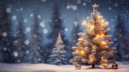 decorated Christmas tree with blurred snowy night background