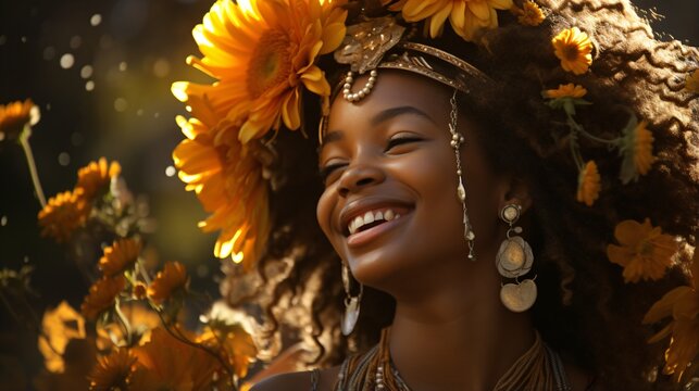 young happy laughing african girl with jewelry and wreath of flowers in her hair