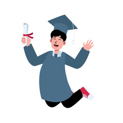 Happy graduate man jump for graduation at collage or university illustration