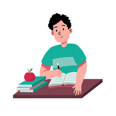 Diligent boy study and write a note for homework school education with happy and fun illustration - obrazy, fototapety, plakaty