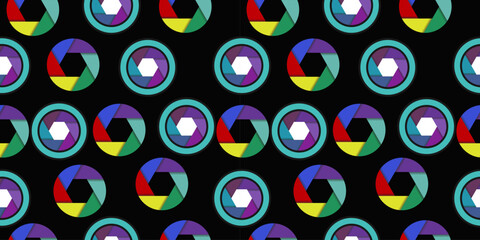 Impossible shapes pattern - Optical illusion. Infinity circles of colorful items on a blsck background. Trendy seamless pattern - vector illustration.