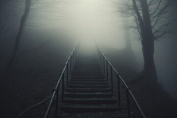Staircase that leads into a dense fog, conveying the feeling of being lost and alone. Generative AI