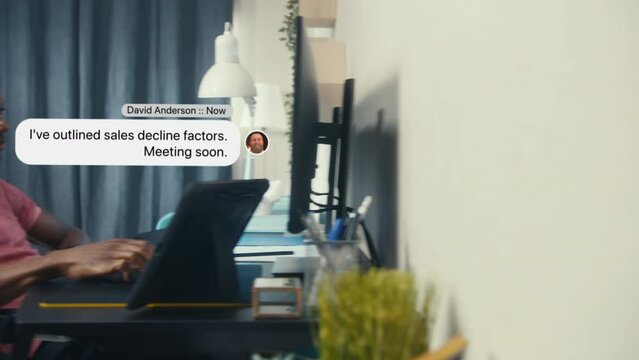 Multicultural men sit in front of computers in two different apartments. Colleagues chat online about work in messenger app. 3D VFX animation of text in bubbles. Chatting in social media network.