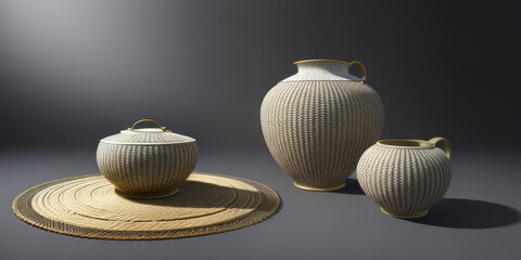 Photorealistic unique shape three jug pottery on dark grey background