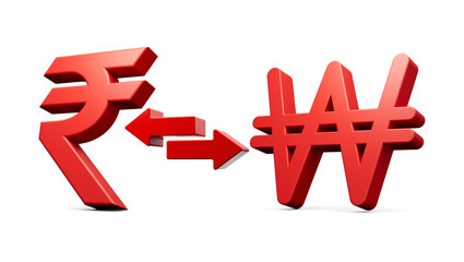 Obraz premium 3d Red Rupee And Won Symbol Icons With Money Exchange Arrows On White Background 3d illustration