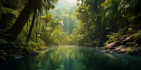 Panorama of dense jungle, wild forest with palm trees and tropical plants, With a sense of wilderness, exploration, and the untouched beauty of nature