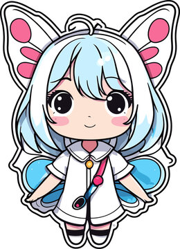 Cute anime girl with butterfly wings, fairy flat vector sticker illustration.