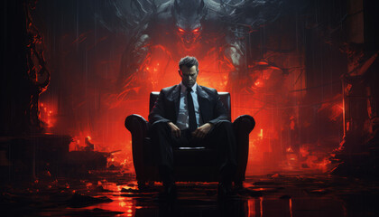 A business man the devil or satan sits in a dark office with horns, the man sold his soul to the evil forces of hell. Made in AI. - obrazy, fototapety, plakaty