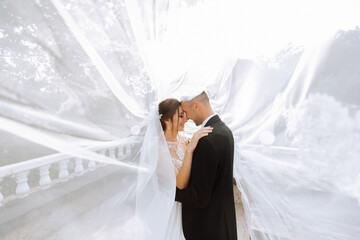 gorgeous happy luxurious brunette bride and elegant stylish groom standing under a veil