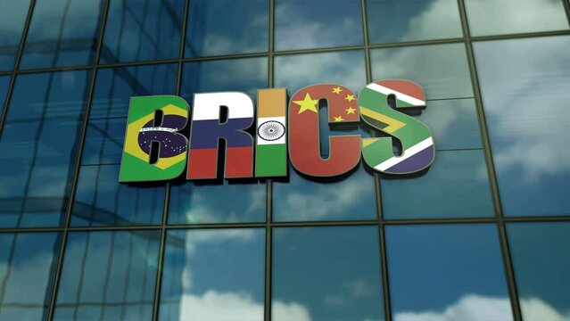 BRICS group glass building concept. Brazil Russia India China South Africa economy organization symbol on front facade 3d animation.