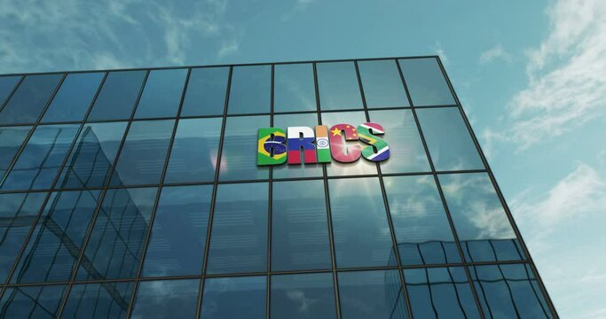 BRICS group glass building concept. Brazil Russia India China South Africa economy organization symbol on front facade 3d animation.