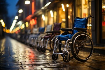 Detailed shot of unoccupied wheelchair displaying handicap symbol on pavement Generative AI