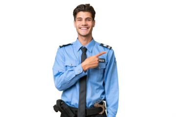 Young police man over isolated background pointing to the side to present a product