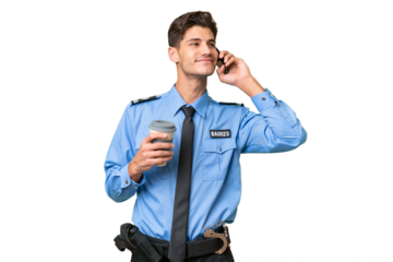 Young police man over isolated background holding coffee to take away and a mobile