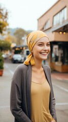 Fototapeta premium portrait bold young woman cancer patient smiling at street. High quality photo