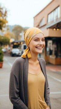 portrait bold young woman cancer patient smiling at street. High quality photo